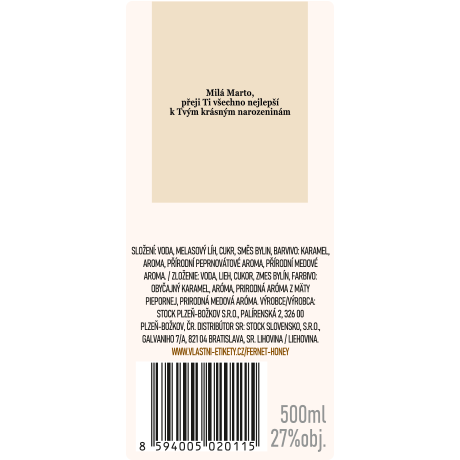 Fernet Stock Honey - zadní strana etikety